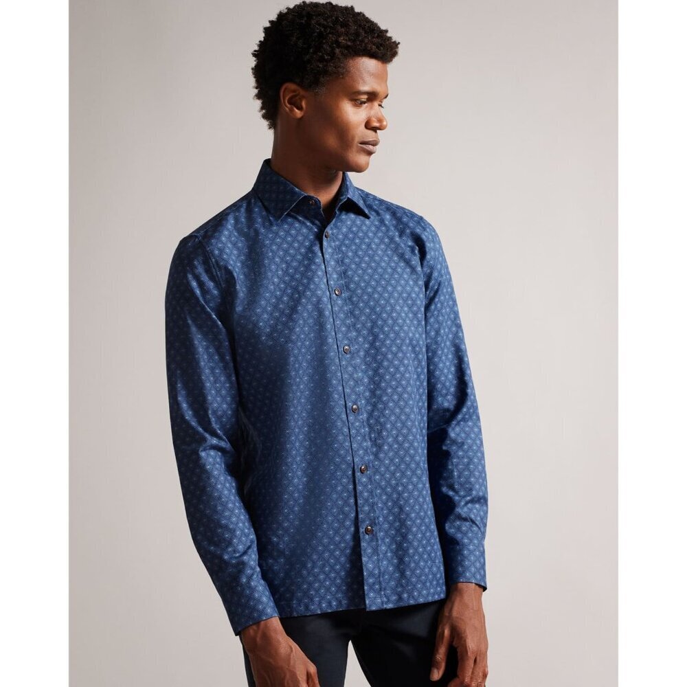 Ted Baker Men's Long Sleeve Diamond Print Button Down‎ Shirt Blue Size 4 Cotton